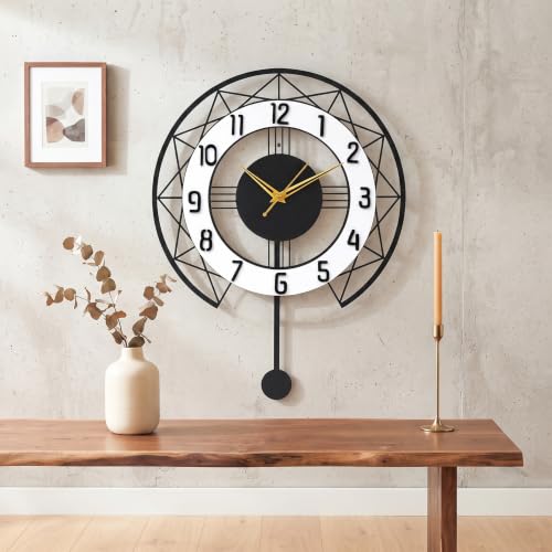 Image of Pendulum Wall Clock for Living Room Stylish | Metal Wall Watch for Office, Bedroom, Hall | Big Size Morden Wall Decor for Home (15 Inch Matt Black)