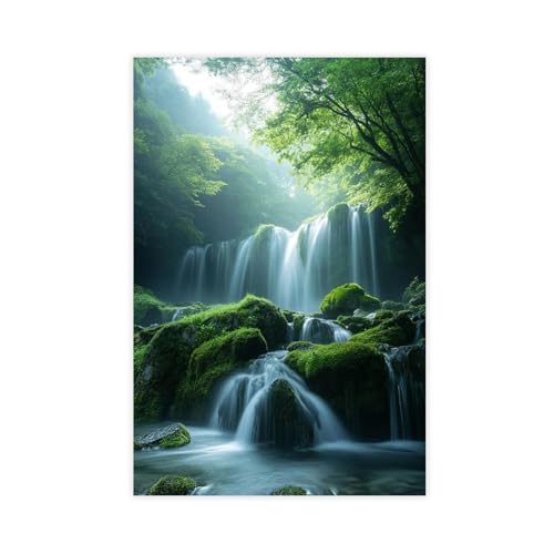 Moss Waterfall Canvas Wall Art Zen Natural Poster Green Forest Stream Print Oriental Feng Shui Painting Home Living Rooms Bedrooms Offices DecorUnframe-style20x30inch(50x75cm)