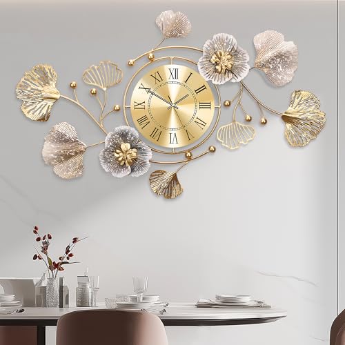 JXQXYN 33" Modern Farmhouse Large Decorative Wall Clock, Ginkgo Metal Art