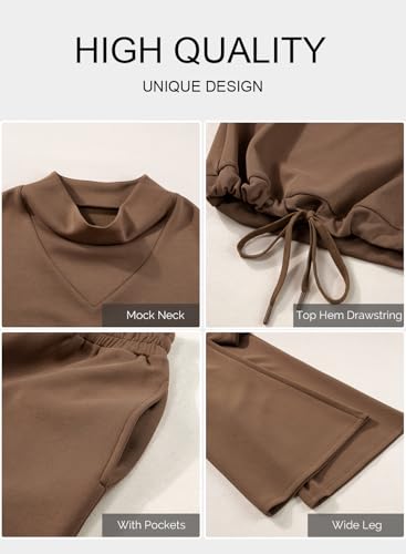 Aleumdr Womens 2 Piece Outfits Sweatsuit Set 2025 Fall Drawstring Sweatshirt Wide Leg Sweatpant Lounge Set Tracksuit Brown Medium