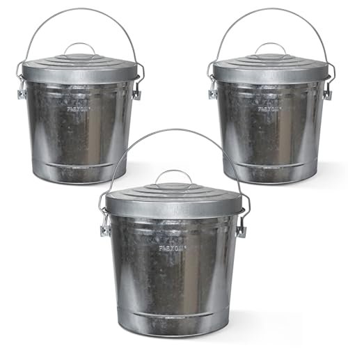 Image of Plexon 6 Gallon Small Metal Trash Can with Locking Lid Galvanized Metal Bucket for Poultry Feed Bird Seed Storage Ash Outside Garbage Can with Lid, 3 Pack