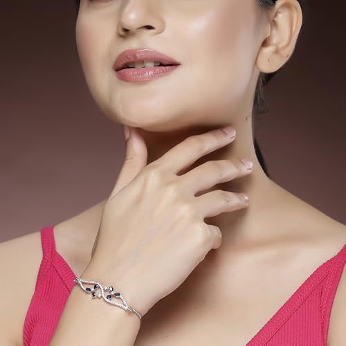 Image of ZENEME Rhodium-Plated Silver-toned Cuff Bracelet for Women & Girls Swirl Cuff Bangle with Crystal Stone Detailing Jewellery Bracelets for Womens