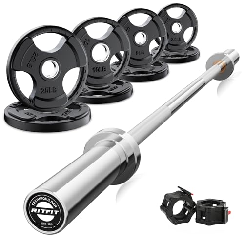 RitFit Barbell Weight Set - 4/6FT Olympic Barbell with Weight Plates (55-115LB Total) - Weightlifting Equipment for Squats, Curls, Deadlifts, Presses, Hip Thrusts 4FT Silver Bar with 85LB Plates