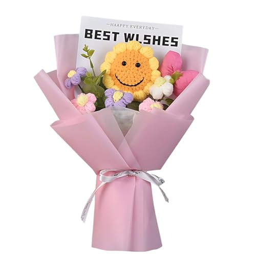 Gehäkelte Blumen, Häkelblumen Strauß, Gehäkelter Blumenstrauß Strauß Mit Lächelnden Sonnenblumen Und Rosa Schleife, Handgefertigter Blumenschmuck Für Jubiläen, Geburtstage Und Wohnaccessoires