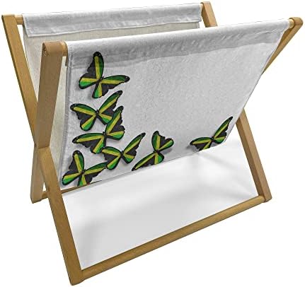 Ambesonne Jamaican Magazine and Book Holder, Buterflies Flag Motifs Caribbean Animal Illustration Rasta Culture Print, Floor Rack Organizer for Office Home and School, 22″x19″, Green Black Yellow