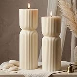 Aesthetic Sandalwood Scented Candles,Ribbed Pillar Candle Set of 2 (7.87' & 9.05' Tall), Natural Soy Wax Minimalist Geometric Decor, Modern Fluted Sculptural Candles for Home,Shelf, Mantel & Gift