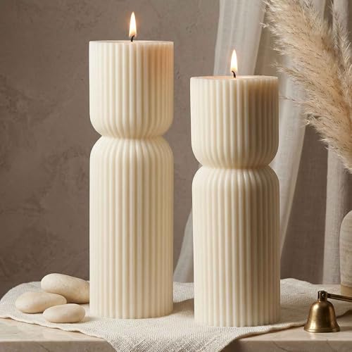 Aesthetic Sandalwood Scented Candles,Ribbed Pillar Candle Set of 2 (7.87" & 9.05" Tall), Natural Soy Wax Minimalist Geometric Decor, Modern Fluted Sculptural Candles for Home,Shelf, Mantel & Gift