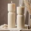 Aesthetic Sandalwood Scented Candles,Ribbed Pillar Candle Set of 2 (7.87″ & 9.05″ Tall), Natural Soy Wax Minimalist Geometric Decor, Modern Fluted Sculptural Candles for Home,Shelf, Mantel & Gift