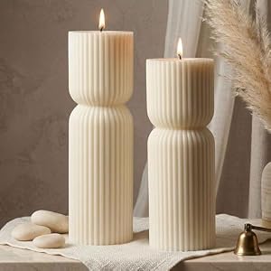Aesthetic Sandalwood Scented Candles,Ribbed Pillar Candle Set of 2 (7.87″ & 9.05″ Tall), Natural Soy Wax Minimalist Geometric Decor, Modern Fluted Sculptural Candles for Home,Shelf, Mantel & Gift