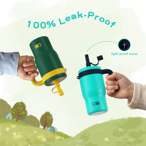 Image of OISIZ 14oz Kids Tumbler with Straw Lid & Handle,Kids Cup with Animal Accessory for School,Kids Water Bottles with Dust-proof Cover,Leakproof Bottles,316 Stainless Steel,Keep Cold 24 Hours-dark green