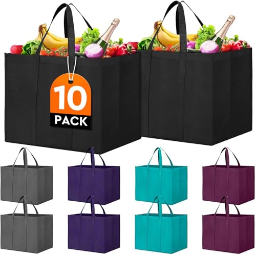 WISELIFE Reusable Grocery Bags 10 Pack, Large Foldable Totes
