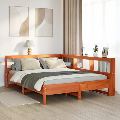 Vetnasa Cama con estantería sin colchón Madera Maciza marrón 135x190cm Mobiliario, Camas y Accesorios, Camas y somieres Marrón 48,58 KG