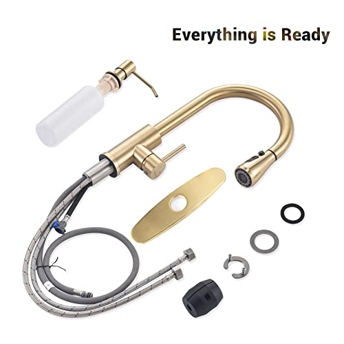 Dayone Kitchen Faucet With Soap Dispenser Champagne Gold, Stainless Steel Single Handle Kitchen Sink Faucet 3 Modes, Pull Down Faucet For 2 Holes Or 4 Holes Sink, Day-257Btg #TOP7
