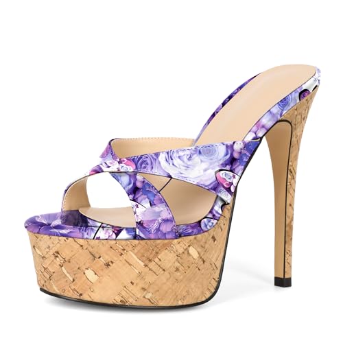 Image of Esvowido Heeled Mules for Women Cork Platform Stiletto Heels Slip on Open Toe High Heeled Sandals Crisscross Slippers Pumps Shoes