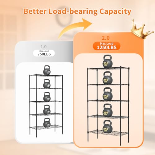 Image of BestOffice | 5-Tier Wire Storage Shelves with Wheels | 14 x 30 x 61 | Black | with Adjustable Racks | Heavy-Duty Metal Shelf, Holds Upto 1250 lbs | No-Tool Assembly | Ideal for Home & Garage Shelving
