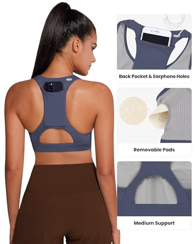 Image of QUEENIEKE BareFlow Women's Sports Bras with Phone Pocket Medium Impact Padded Racerback Workout Gym Crop Top Running Yoga Bra
