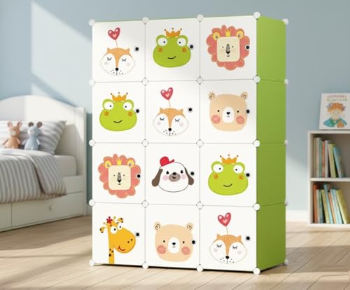 Image of KRISHYAM Kids Modular Storage Cabinet with Cartoon Animal Doors,12 Cube Plastic Wardrobe Organizer, DIY Closet System with Hanging Rod, Toy & Clothes Storage (Green, 12 Box)