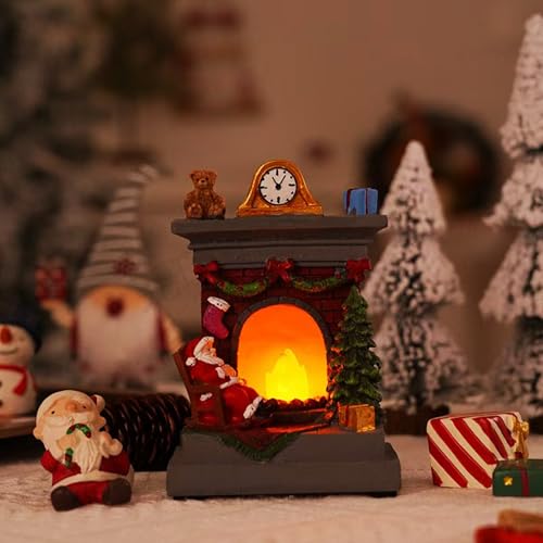Image of Christmas Fireplace Lantern Luminous Santa Claus Night Light Christmas Resin Ornaments Decorative Lighting for Home Holiday Decor Battery Operated Unique Decoration