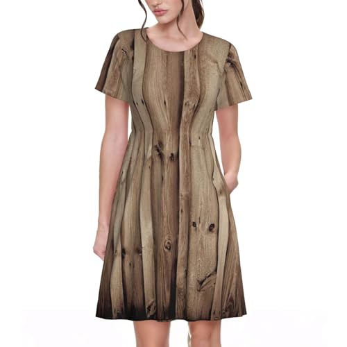 Robe d'été femme manches courtes col rond imprimé grain de bois