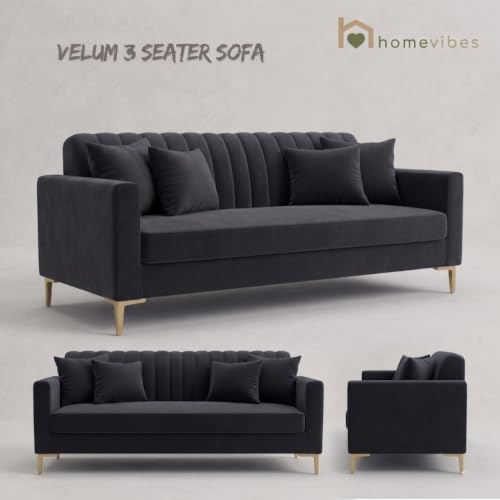 Image of Velum 3 Seater Sofa for Living Room & Office | Premium Fabric Upholstery | Solid Wood Frame | Comfortable Seating | 3 Years Warranty (Dark Grey, 3 Seater Sofa)