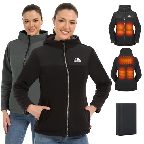 Reversible Heated Jacket Hoodie Women with Battery Electric Outdoor Dual-Side Polar Fleece Heating Sweatshirt Coat for Camping Black Gray