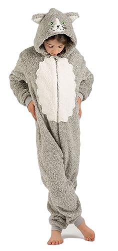Onesie for Boys or Girls Fluffy Black White Cat with Tail -Animal Costumes AllinOnes in Kids Age 8-9 Years GRYCAT