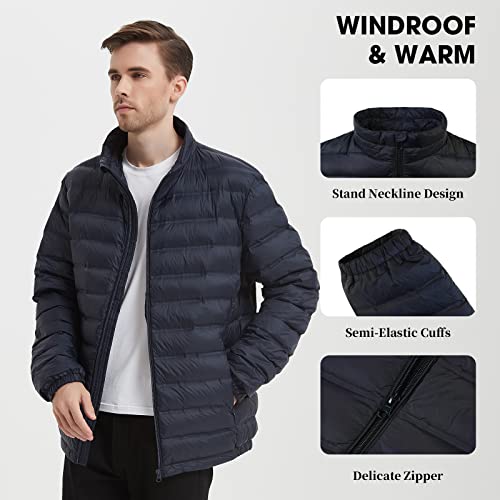 Image of Men's Fashion Thin Puffer Coat With Pocket Standing Collar Duck Down Winter Coat Lightweight Heat Retaining(Navy-8009#,L)