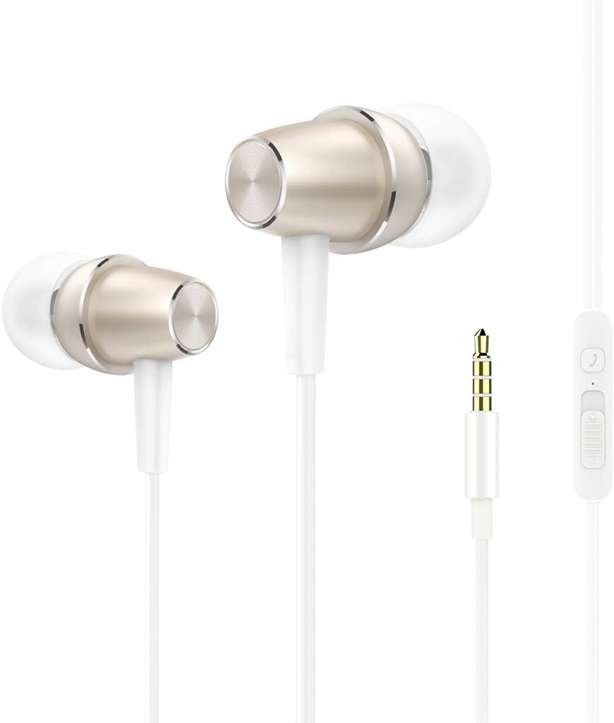 BuleesIn-Ear Headphones Earphones, HiFi Stereo, Deep Bass, Cute Alloy Wired Earbuds with Mic and Volume Control for iPhone 6/6s, Android Smartphones, MP3 Players (Gold)