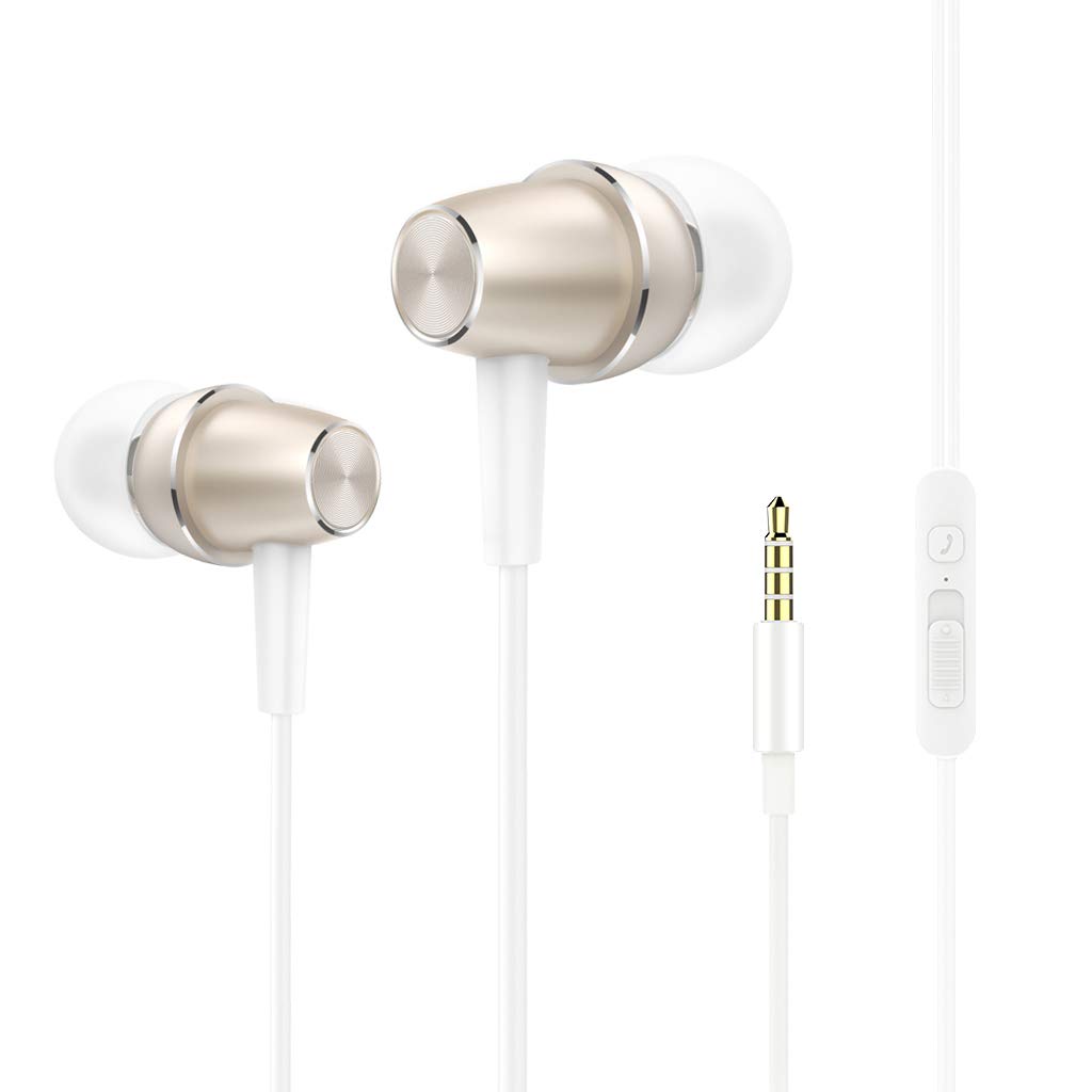 BuleesIn-Ear Headphones Earphones, HiFi Stereo, Deep Bass, Cute Alloy Wired Earbuds with Mic and Volume Control for iPhone 6/6s, Android Smartphones, MP3 Players (Gold)