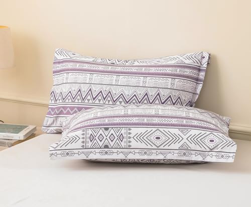 Image of SLEEPBELLA Boho Chic Striped King Size Duvet Cover Set - 100% Cotton with Button Closure in White and Purple
