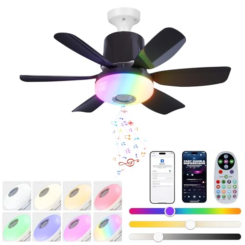 ConBlom Wentylator sufitowy 47 cm, z 6 łopatkami, pokaz świetlny RGB + głośnik Bluetooth i pilot zdalnego sterowania, 3 poziomy prędkości i temperatury barwowej, do pokoju dziecięcego, pokoju zabaw