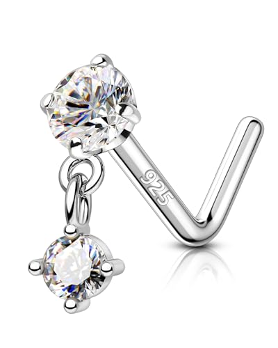 COCHARM 925 Sterling Silver Dangle Nose Stud 20g L Shape 7mm Length Nose Ring Stud Hypoallergenic Double Clear Gem Nose Piercing Jewelry Dangling Nostril Stud for Women Men