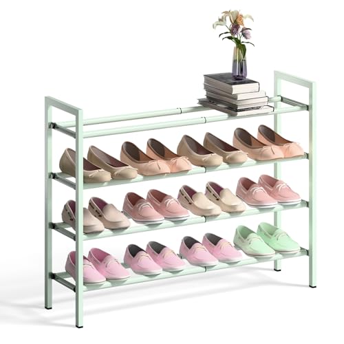 Image of Bumusty 4-Tier Expandable Shoe Rack for Closet, 18 inch-33 inch Adjustable Shoe Rack for Small Space, Small Shoe Organizer for Front Door, Sturdy Metal, Green
