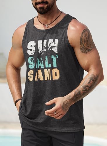 Image of VOGSTART Men's Sun Salt Sand Tank Beach Stylish Shirt Workout Top Graphic Hawaii Tropical Cotton Hawaiian Tank Grey XXL