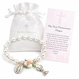 Westmon Works First Communion Bracelet for Girls Glass Bead Stretch Wrist Fashion Jewlery with Chalice and Virgin Mary Medal Includes Prayer Card and Satin Gift Pouch
