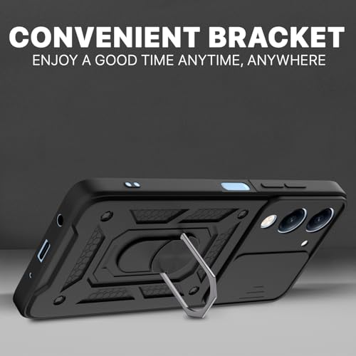 Image of Pikkme Back Cover for iQOO Z10 lite 5G / Vivo T4 lite 5G / Y19 5G / Y19e / Y04 4G / Y29s 5G | Sliding Camera Shield with Ring Stand | D10 Tough Armor Full Camera Protection Bumper Case (Black)