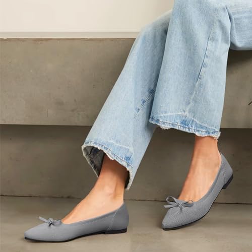 Image of TINGRISE Women's Flats Pointed Toe Bow Knit Ballet Shoes Comfortable Dressy Mesh Slip On Flat