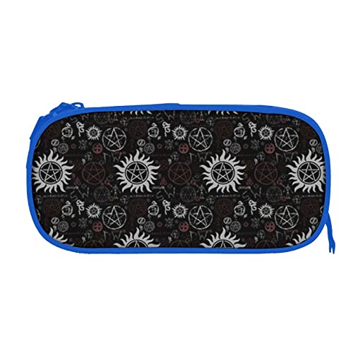 Trousse à crayons de grande capacité avec double fermeture éclair pour étudiants et employés de bureau Motif symboles Supernatural Noir, bleu, Taille unique, Cartable Cover