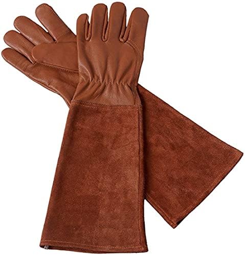 BRILLMADE - Rose gloves | Thorn and Cut Resistant Garden & Yard Work | Long Leather Heavy Duty elbow length Gauntlet | Suitable for Thorny Bushes Cacti | Rose Pruning Gloves for Women (Me, Brown)