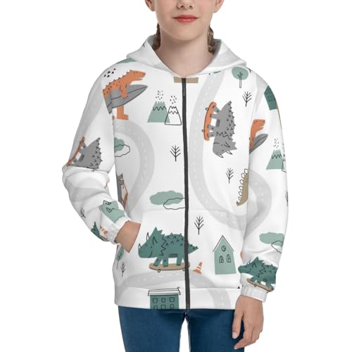 Dino on a Skateboard Surf Kids Pullover Hoodies Boys Zip Up Sweatshirts Girls Athletic Clothes with Pocket3