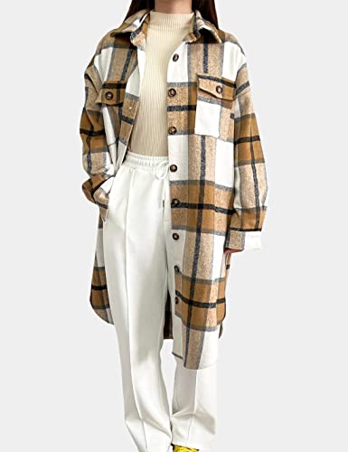 Peaceglad Women's Lounge Lapel Button Up Long Sleeve Plaid Long Shirt Jacket Shacket3