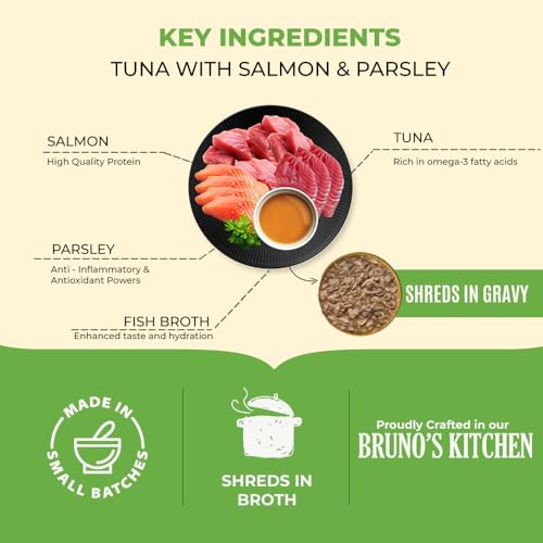 Image of Brunos Cat Wet Food - Tuna with Salmon & Parsley - 85g(Pack of 12)|Cat & Kitten|90% Animal Ingredients|Grain-Free|Omega-3 Rich|Recipe with Natural Antioxidants & Taurine for Skin & Coat
