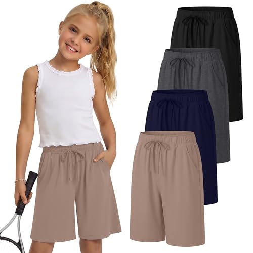 LessonZoo 4 Pack Girls Shorts 5-14Y Bermuda Knee Length Basketball Shorts Teen Drawstring Summer Kids Clothes with Pockets(Black Dark Gray Navy Blue Khaki 13-14 Years)