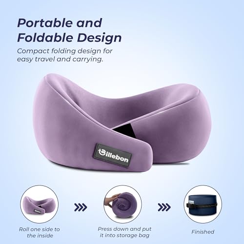 Image of Billebon Gel Infused Memory Foam Neck Pillow with Case, Travel Pillow with Adjustable Velcro Straps, Neck Pillow for Travelling & Flight Travel, Ergonomic Support for Comfort & Pain Relief (Lavender)