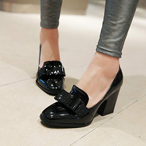 MIOKE Women's Fashion Chunky High Block Heel Pumps Square Toe Bowtie Patent Leather Slip-On Dress Shoes4