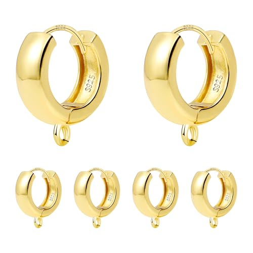 6Pcs 14K Goldplated Earring Hooks Wide Round Ear Huggie Hoop 925 Sterling Silver Dangle Ear Leverback Hooks 14x5mm Flat Wide Thick Gold Huggie Hoop for Earrings Making Supplies Jewelry Findings