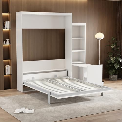 Queen Size Murphy Bed, Vertical Wall Bed with Fold-Out Desk and S...