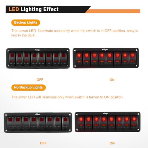 Image of Nilight 8 Gang Rocker Switch Panel SPST On Off Toggle with DIY Label Sticker | 5PIN Electrical 12V /20A 24V /10A Aluminum Plate with Pre-Wired Jumper Wires for LED Light Bar RV Boats 4X4 Cars Red