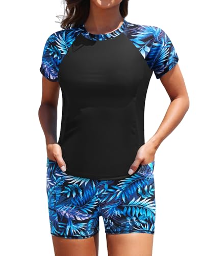 Image of Daci Short Sleeve Rash Guard 2 Piece Swimsuits with Bord Shorts | Sun Protection,Two Pockets,Clolor Block,High Waisted Short,High Neck,Quick Dry