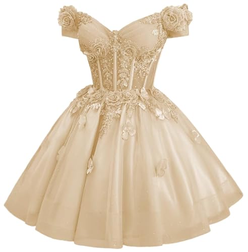 3D Butterfly Homecoming Dress for Teens Lace DAMA Dress for Quinceanera Off Shoulder Sparkly Tulle Short Prom Dress